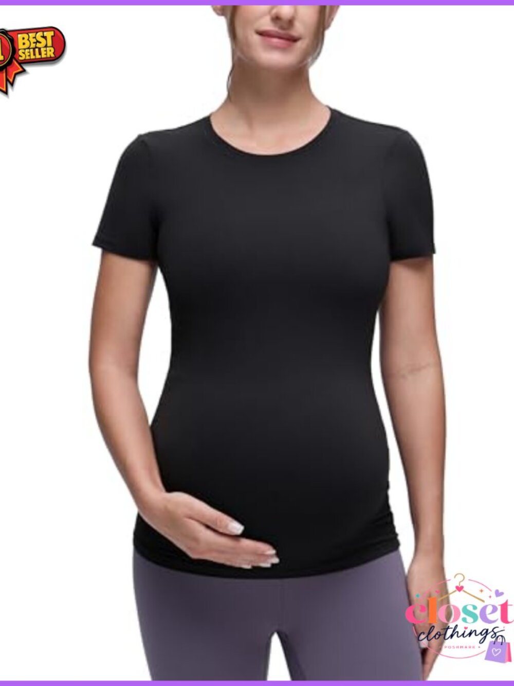 Maternity Crew Neck T-Shirt Soft 4-Way Stretch Slim Fit Short Sleeve Nursing Top